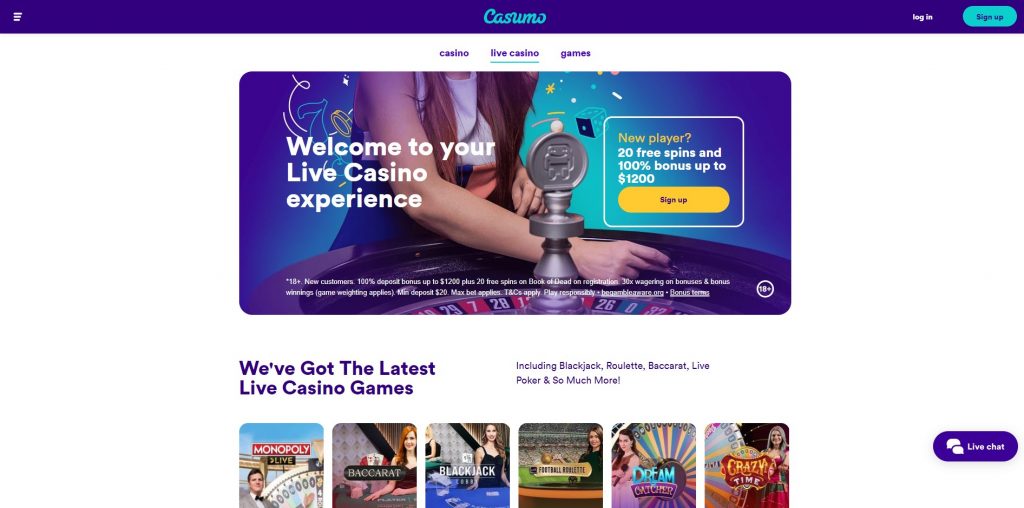 casumo live casino games section